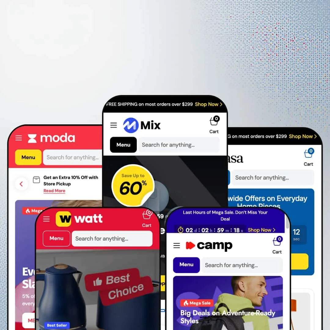 Mix Shopify theme mobile view showing all five presets: Mix, Moda, Camp, Casa, and Watt, each with distinct branding, color schemes, and product categories on smartphone screens