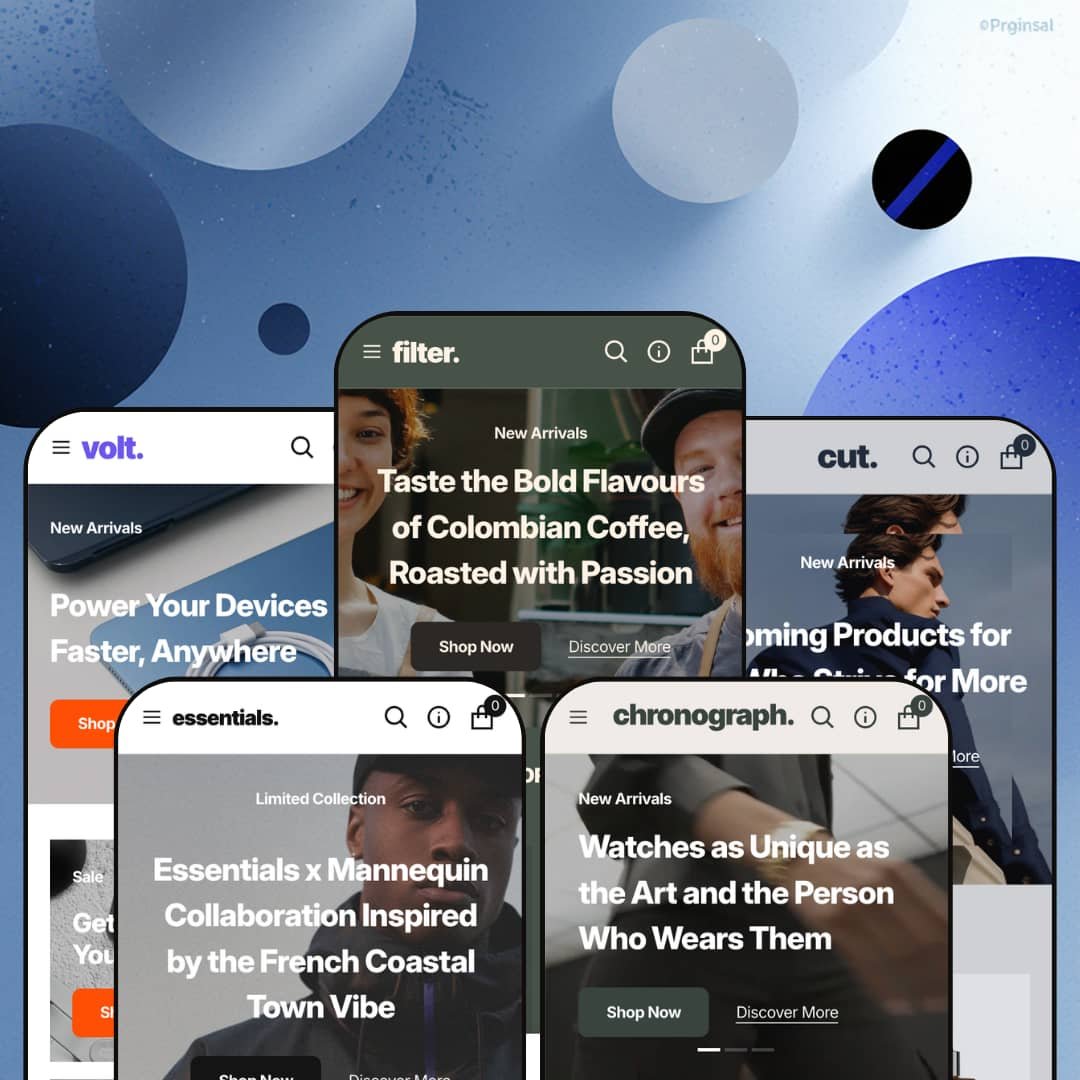 Essentials Shopify theme, mobile view — Volt for electronics, Essentials for apparel, Filter for coffee, Chronograph for watches, Cut for grooming