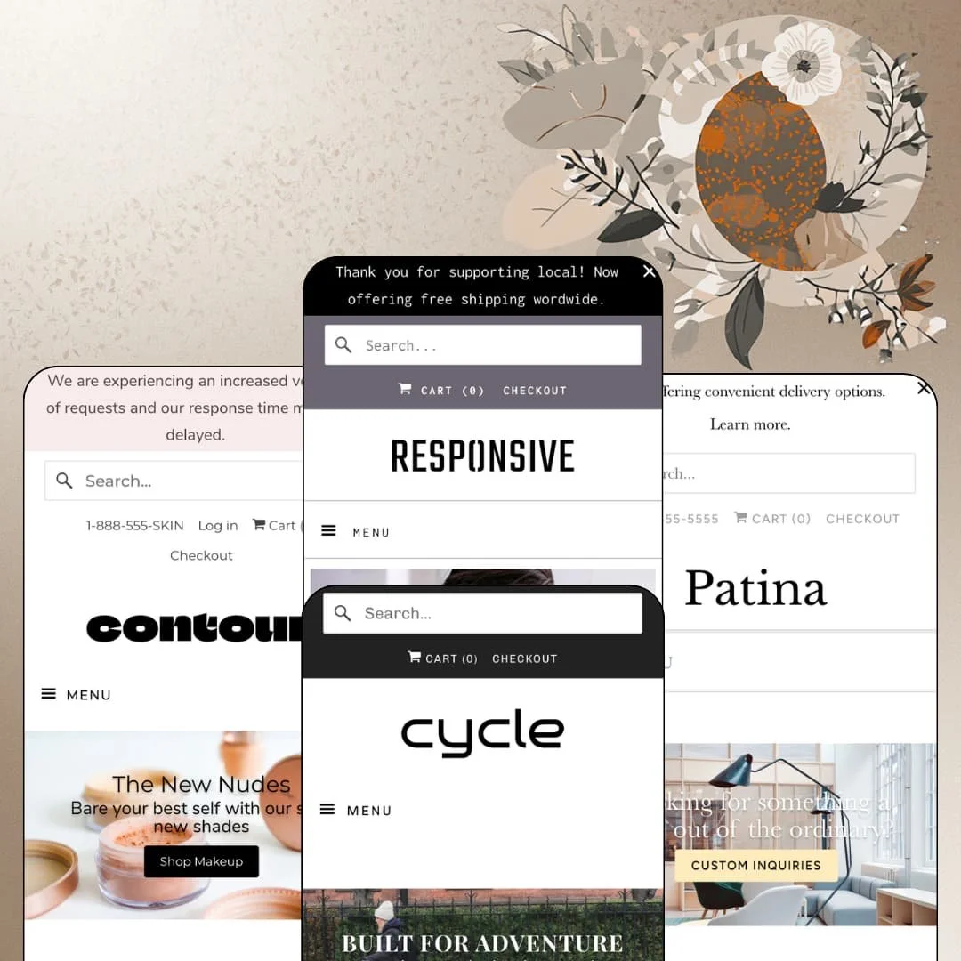 Responsive Shopify theme presets in mobile view — Contour for beauty, Responsive for apparel, Cycle for bikes, Patina for lighting.