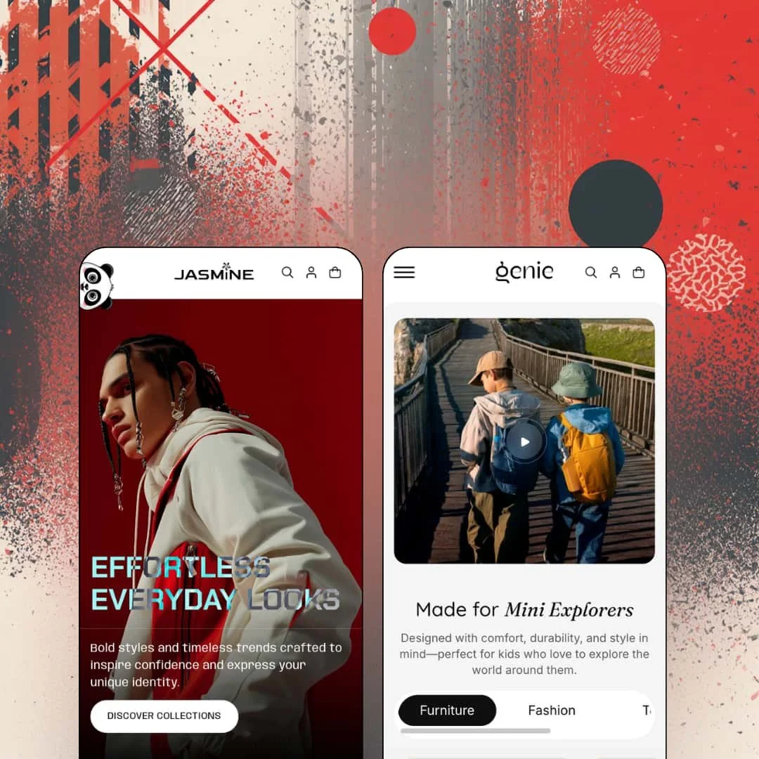 Genie Shopify theme presets in mobile view — Jasmine for fashion, Genie for kids' stores.