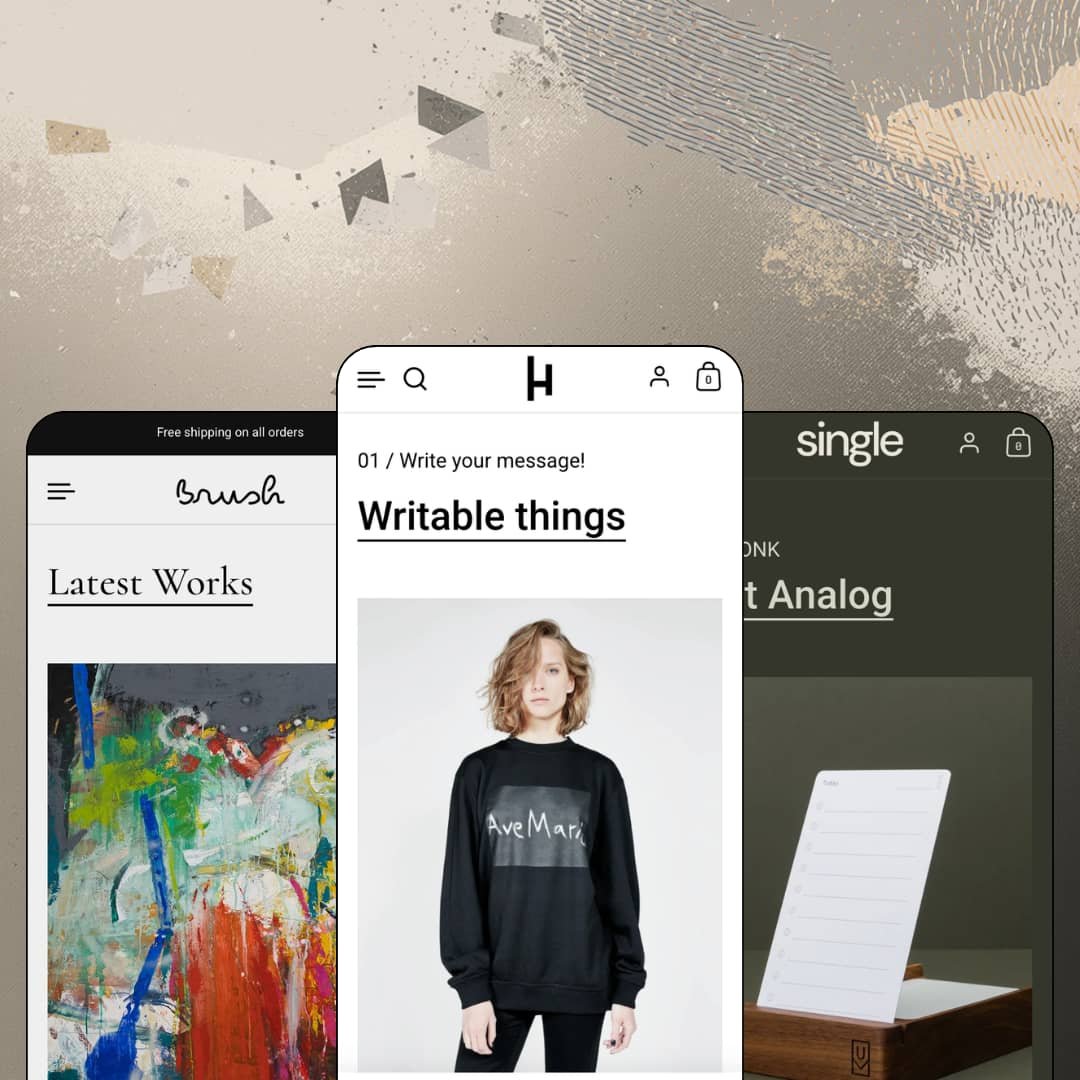 Highlight Shopify theme presets in mobile view — Brush for art, Highlight for design goods, Single for one-product