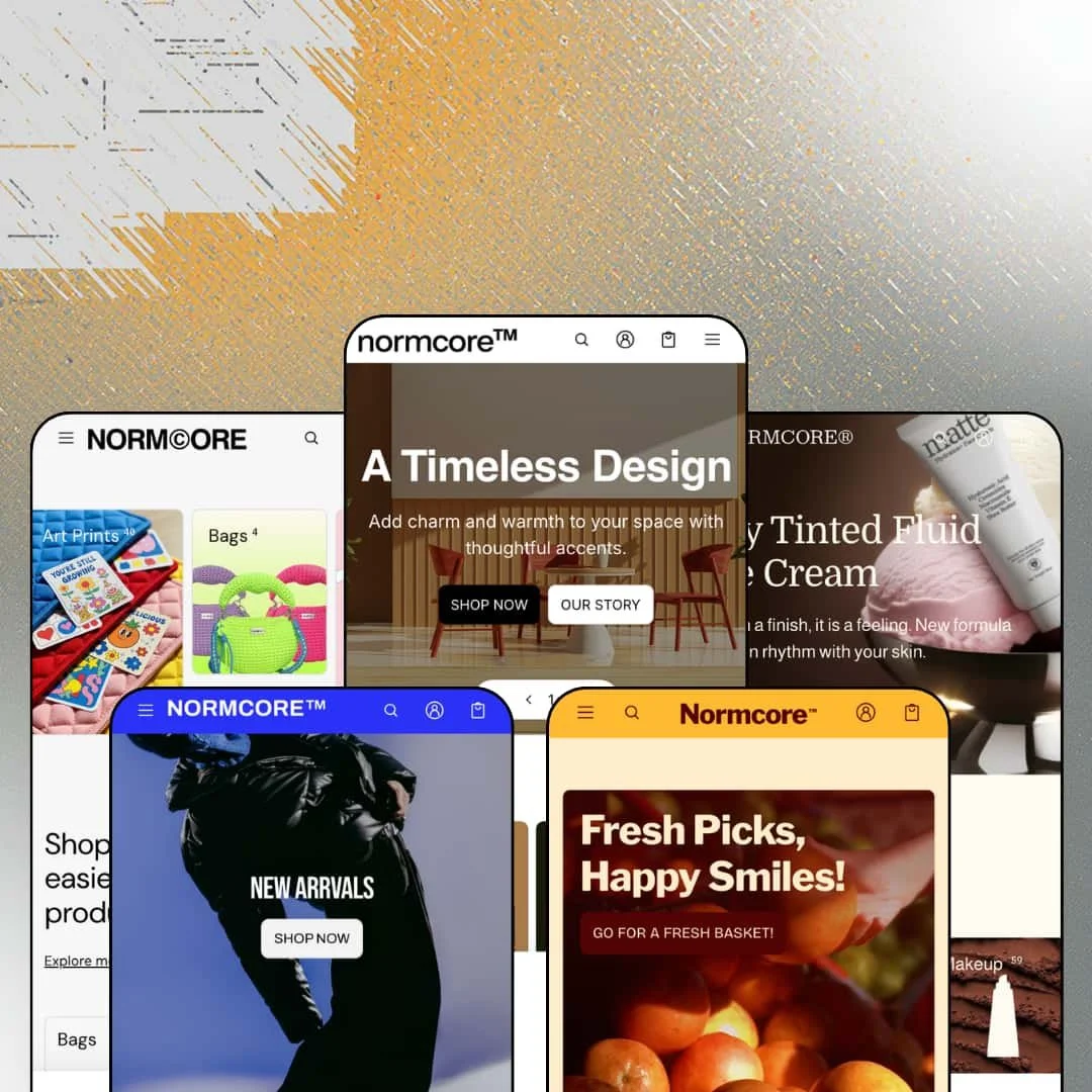 Normcore Shopify theme presets in mobile view — Elementary for merch, Subtle for fashion, Normcore for furniture, RAW for grocery, Matte for beauty.