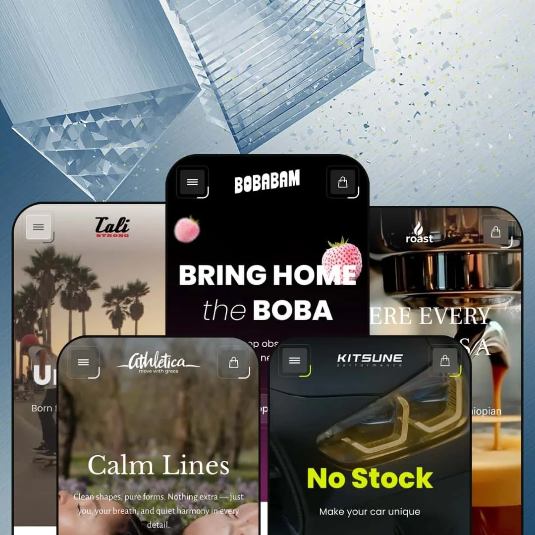Victory Shopify theme presets shown on mobile: Bobabam (Victory), Cali Strong (Flip), Roast, Athletica, and Kitsune (Nitro) each displaying distinct hero designs and branding.