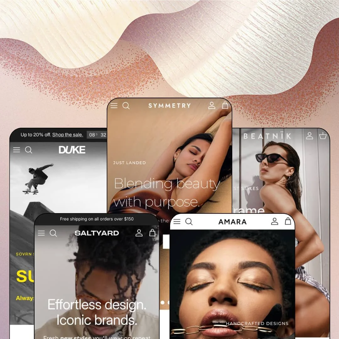 Symmetry Shopify theme presets in mobile view — Duke for skate, Salt Yard for menswear, Symmetry for swimwear, Amara for jewelry, Beatnik for eyewear