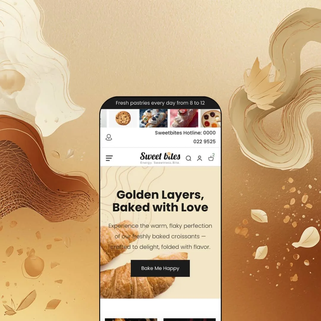 Sweet Shopify theme mobile preview showing the bakery-focused homepage with hero section, announcement bar, and product gallery