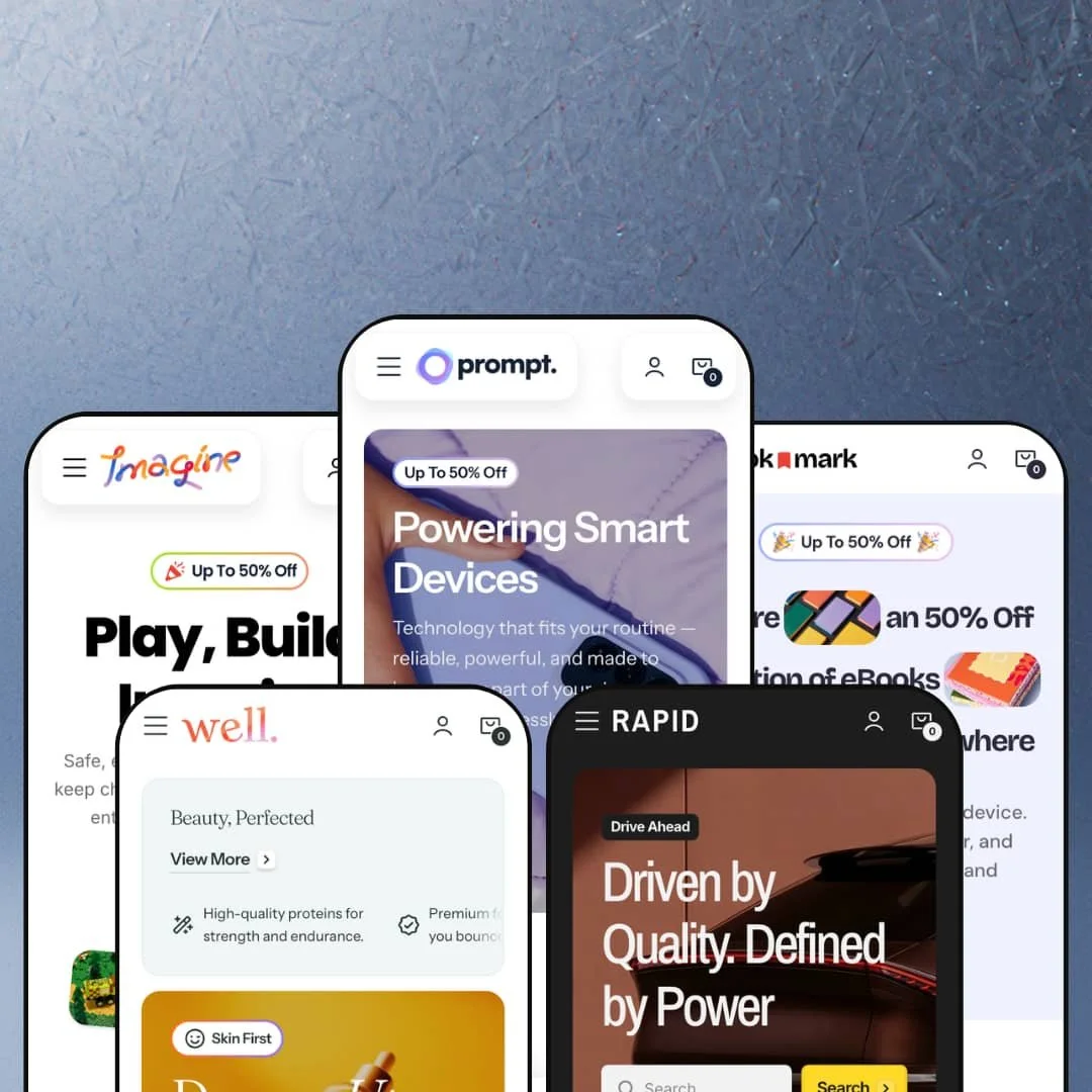 All five Prompt Shopify theme presets shown on mobile: Prompt (electronics), Imagine (toys), Bookmark (books), Well (beauty), and Rapid (automotive), each with a distinct logo, hero section, and colour palette.