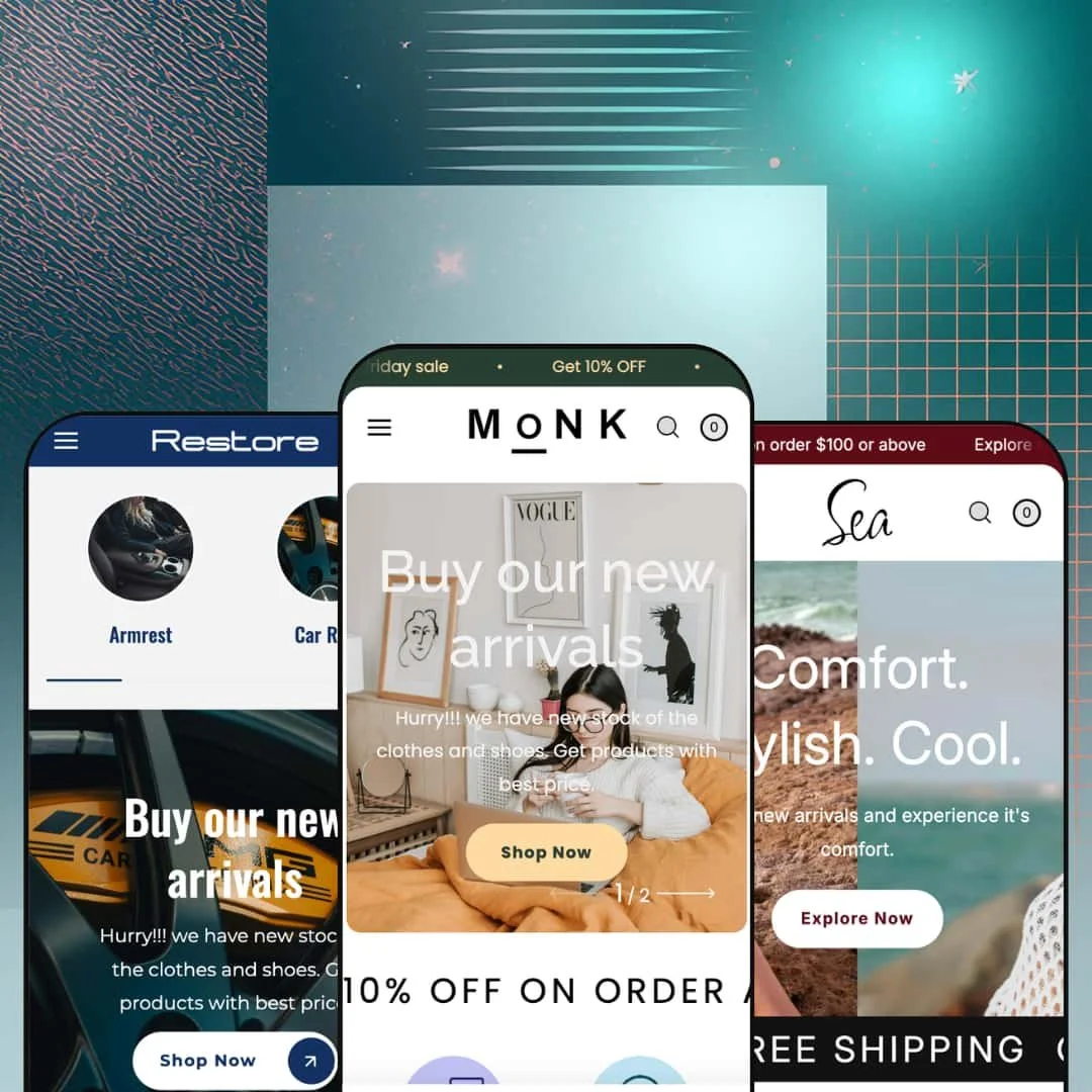 Monk Shopify theme presets in mobile view — Restore for auto parts, Monk for a multi-category store, Sea for swimwear