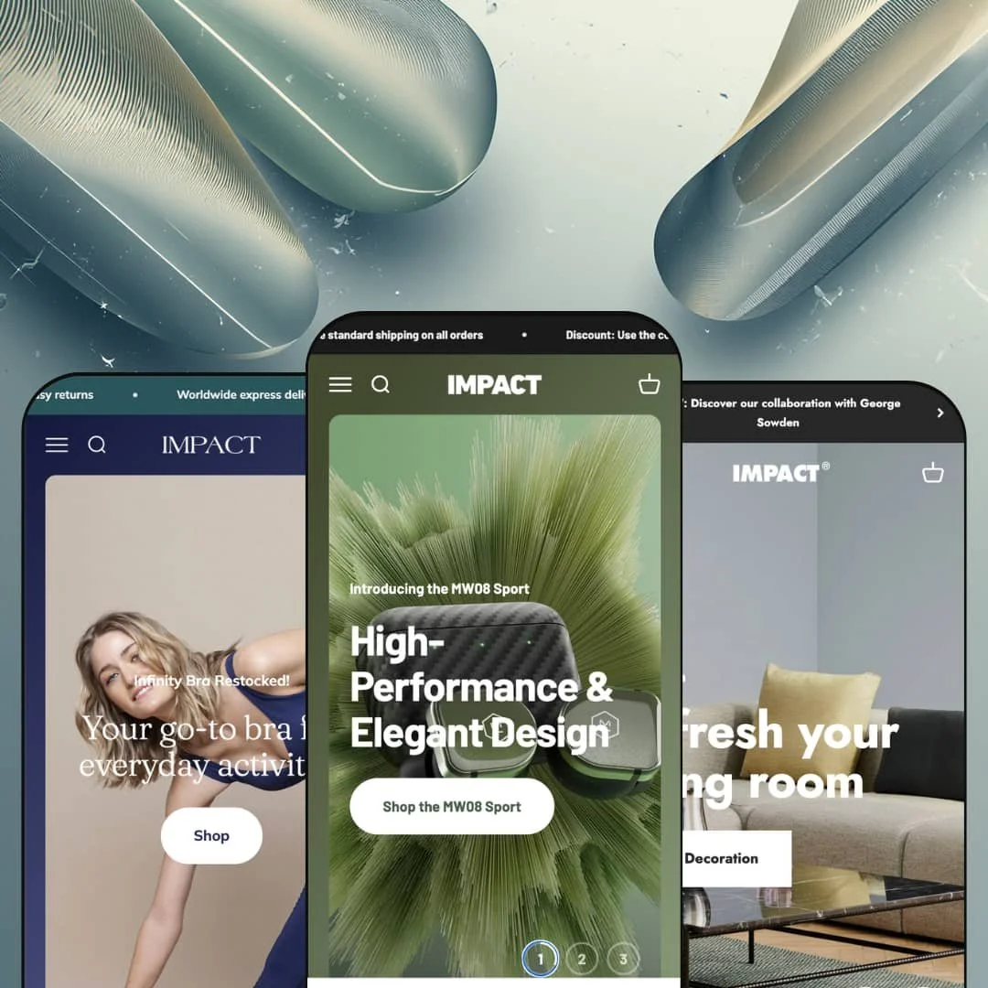 Impact Shopify theme presets in mobile view — Balance for activewear, Impact for audio, Cocoon for home decor