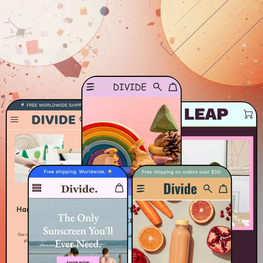 Divide Shopify theme presets in mobile view — Move for toys, Explore for skincare, Divide for toys, Treat for drinks, Leap for art prints.