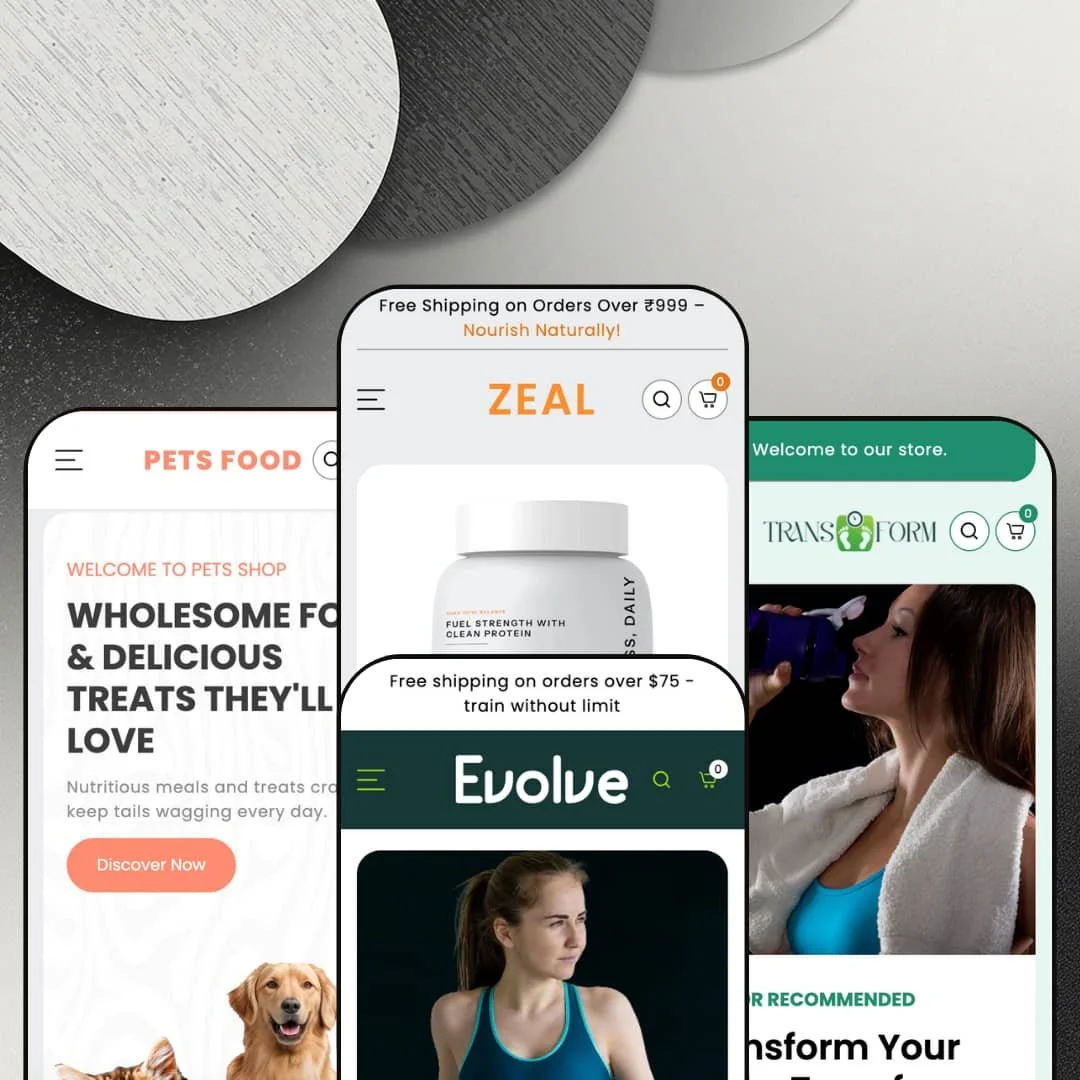 Zeal Shopify theme mobile preview showing all four presets: Zeal wellness supplements, Transform weight loss, Evolve activewear, and Petzen pet food store