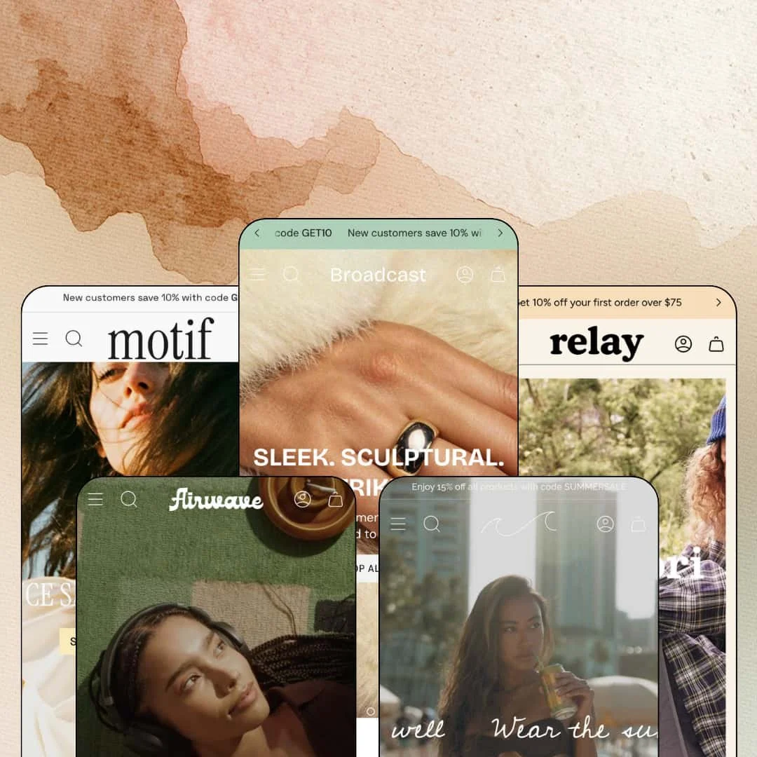 Broadcast Shopify theme presets in mobile view — Motif for womenswear, Airwave for coffee, Broadcast for jewelry, Stellar for suncare, Relay for kidswear.