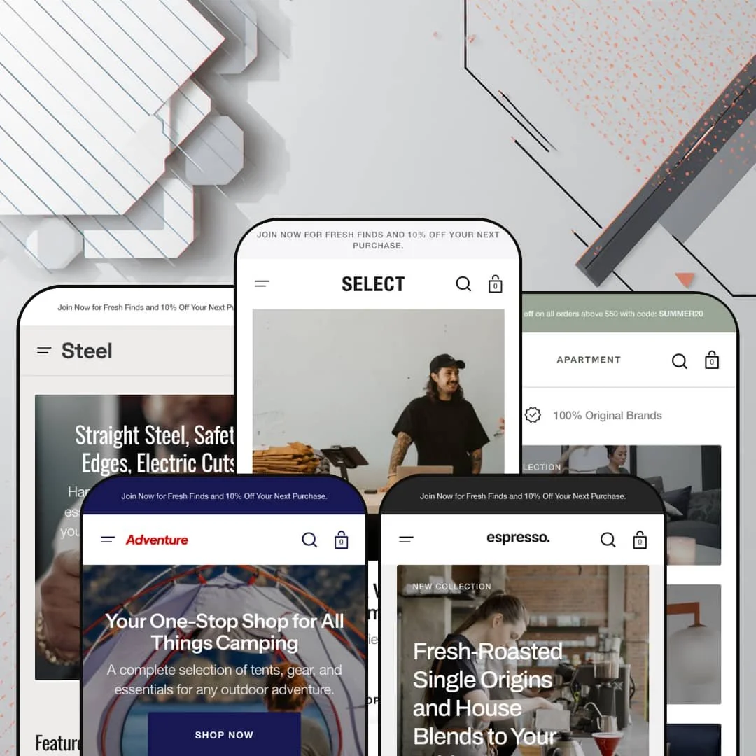 Select Shopify theme presets in mobile view — Steel for grooming, Adventure for outdoor, Select for apparel, Espresso for coffee, Apartment for decor