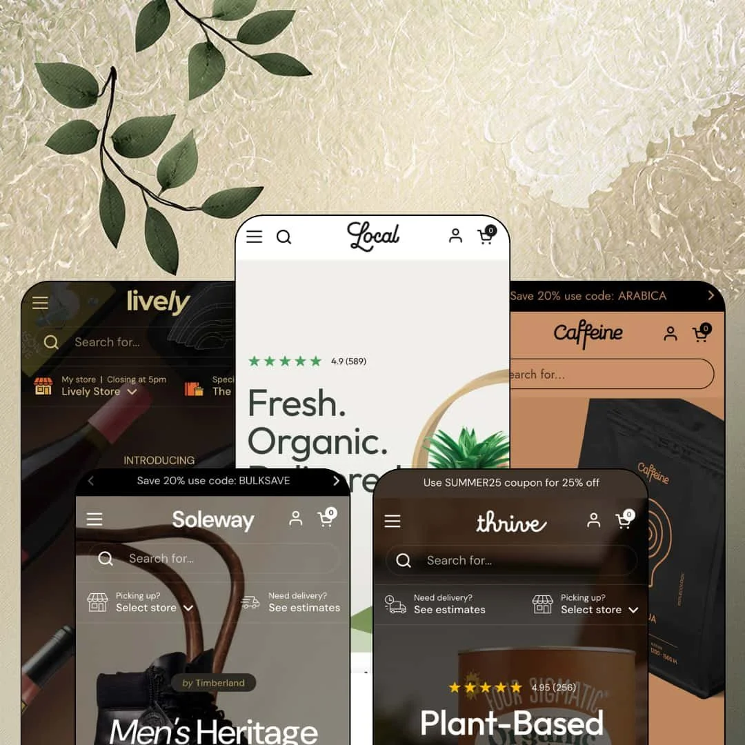 Local Shopify theme presets in mobile view — Lively for wine, Soleway for footwear, Local for groceries, Thrive for supplements, Caffeine for coffee