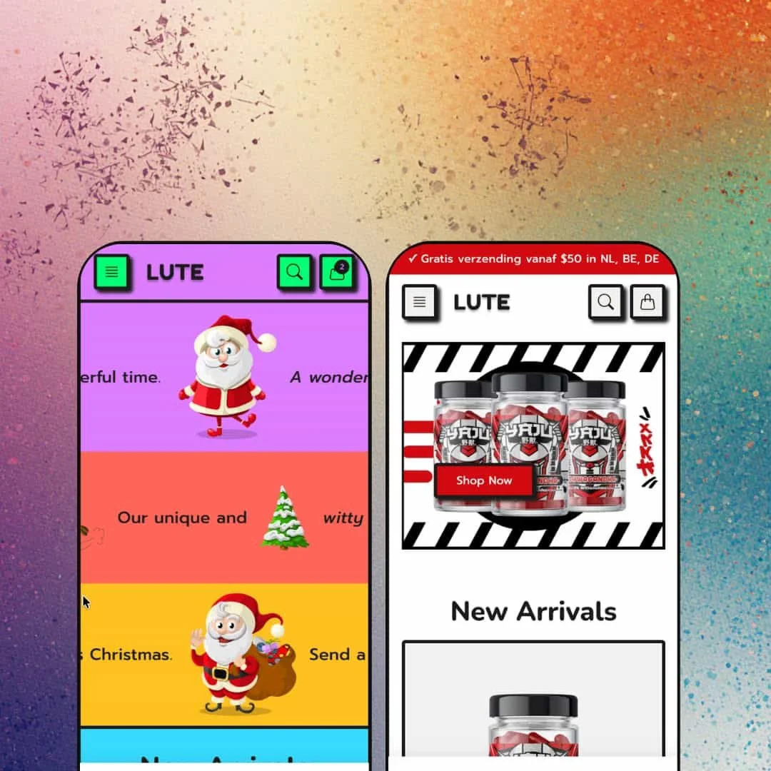 Lute Shopify theme presets in mobile view — Lute for seasonal greeting cards, Fauve for lab-tested supplements