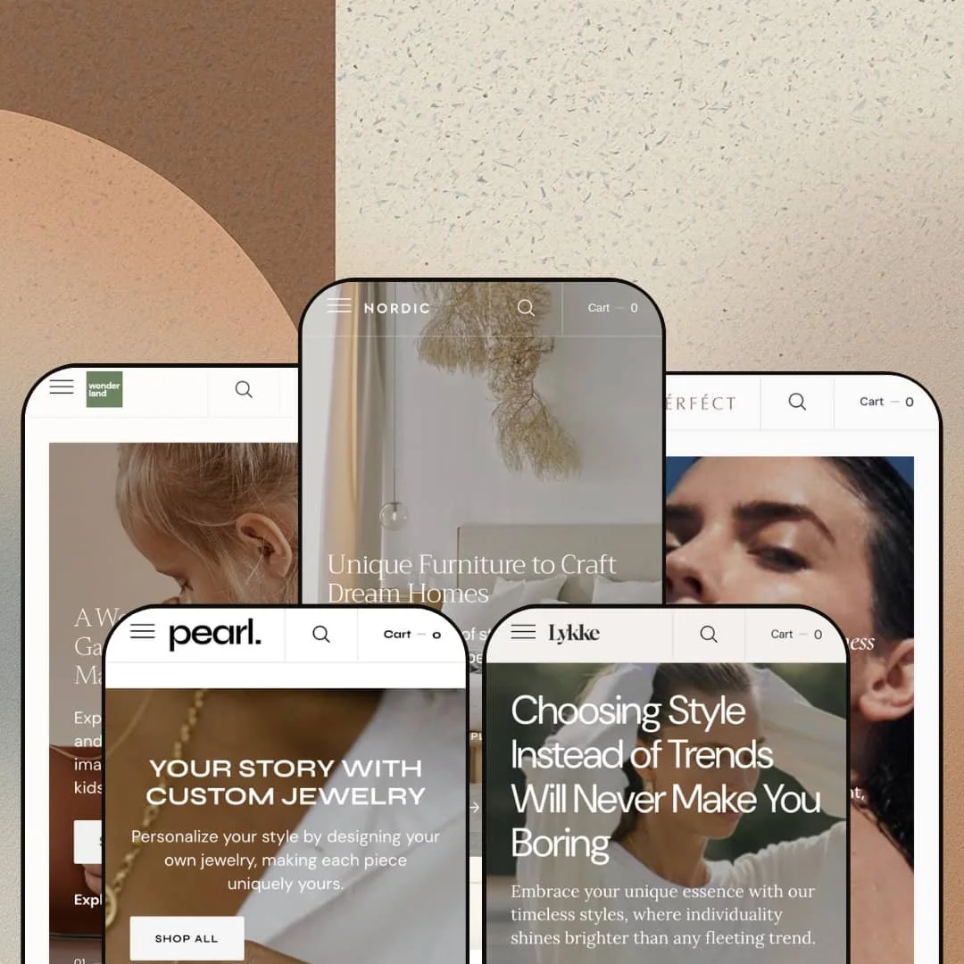 Nordic Shopify theme presets in mobile view — Wonderland for kids, Pearl for jewelry, Nordic for furniture, Lykke for apparel, Perfect for beauty