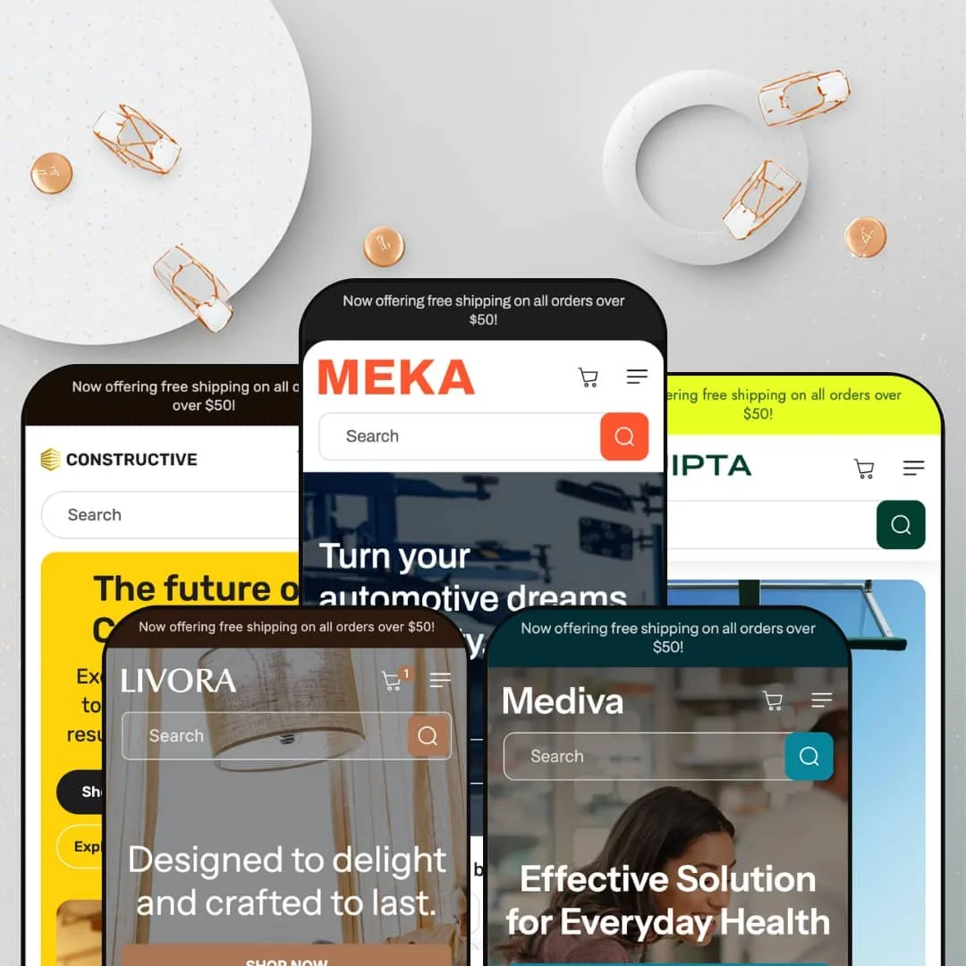 Meka Shopify theme presets in mobile view — Meka (auto parts), Constructive (hardware), Livora (home decor), Equipta (sports), Mediva (wellness)