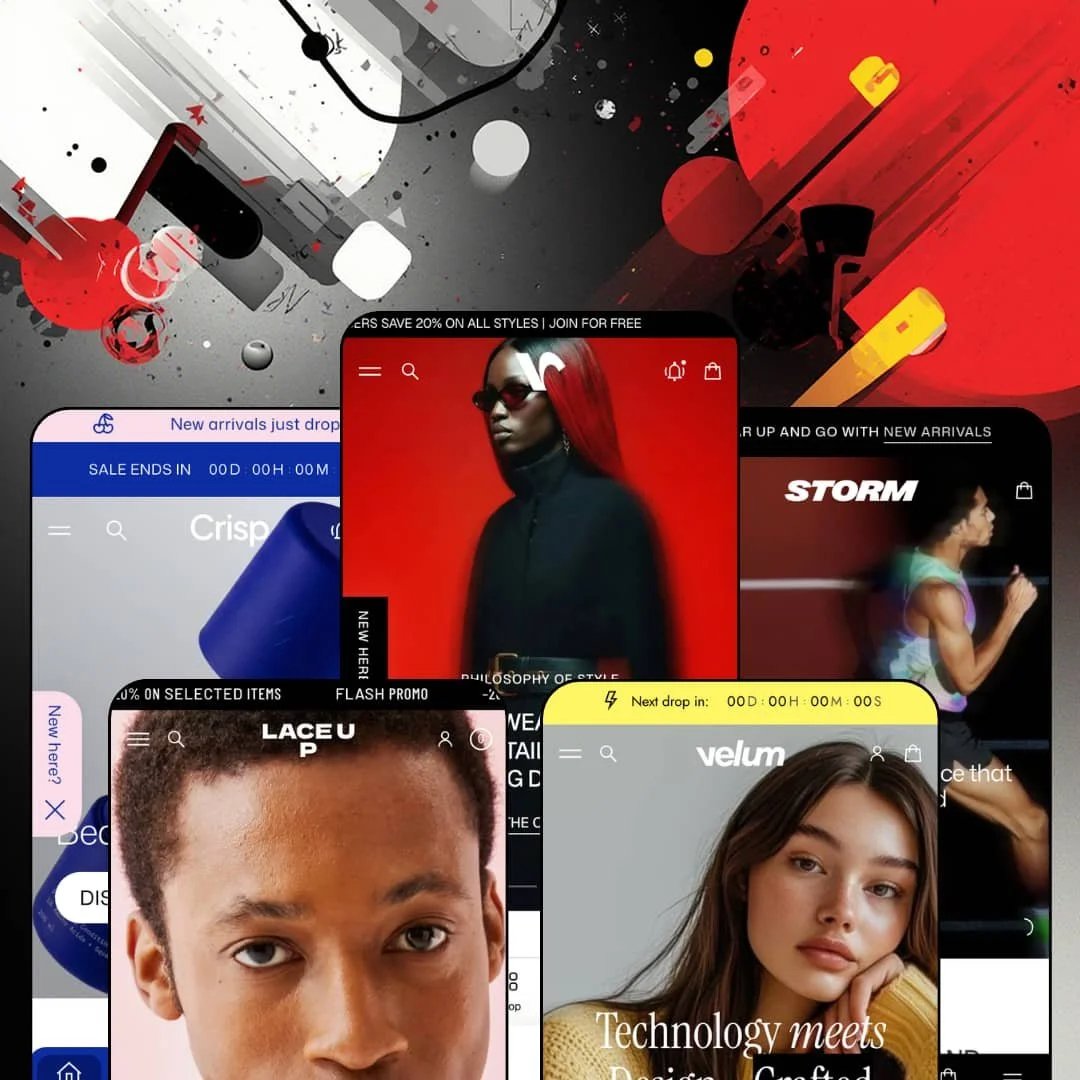 Volume Shopify theme presets in mobile view — Crisp for skincare, Laceup for footwear, Volume for fashion, Velum for concept-store retail, Storm for running gear