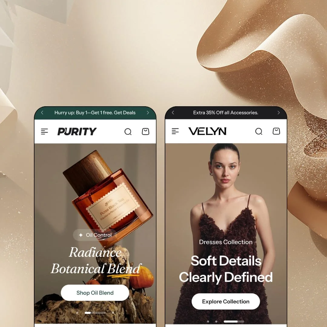 Purity Shopify theme presets in mobile view — Purity for beauty and skincare, Velyn for women's fashion