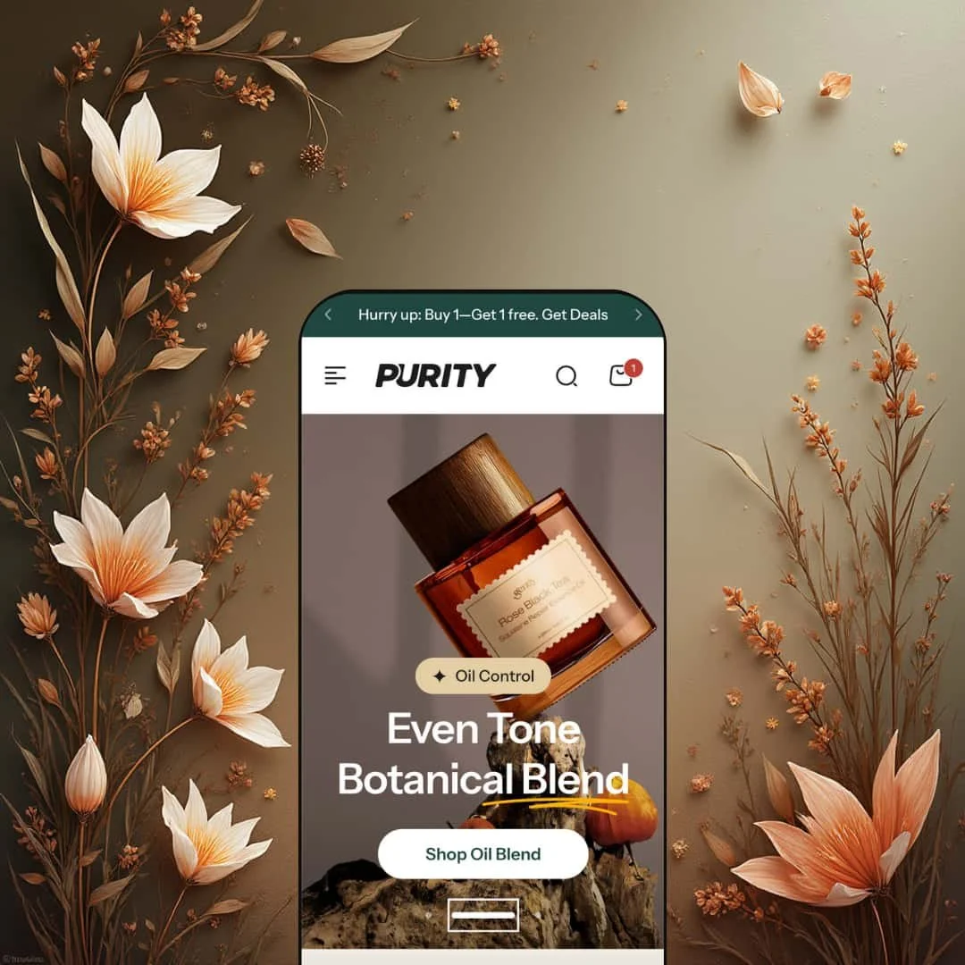 A composite image showing one version of the Purity Shopify theme by NextSky displayed on smartphone screens. Each screen showcases the theme's adaptation for different niches.