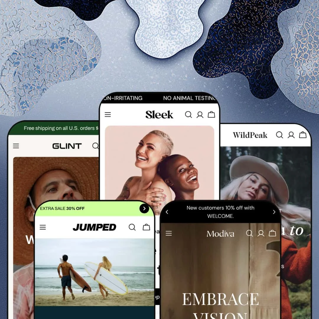 Sleek Shopify theme presets in mobile view — Glint for accessories, Jumped for sports, Sleek for beauty, Modiva for home decor, Wildpeak for clothing