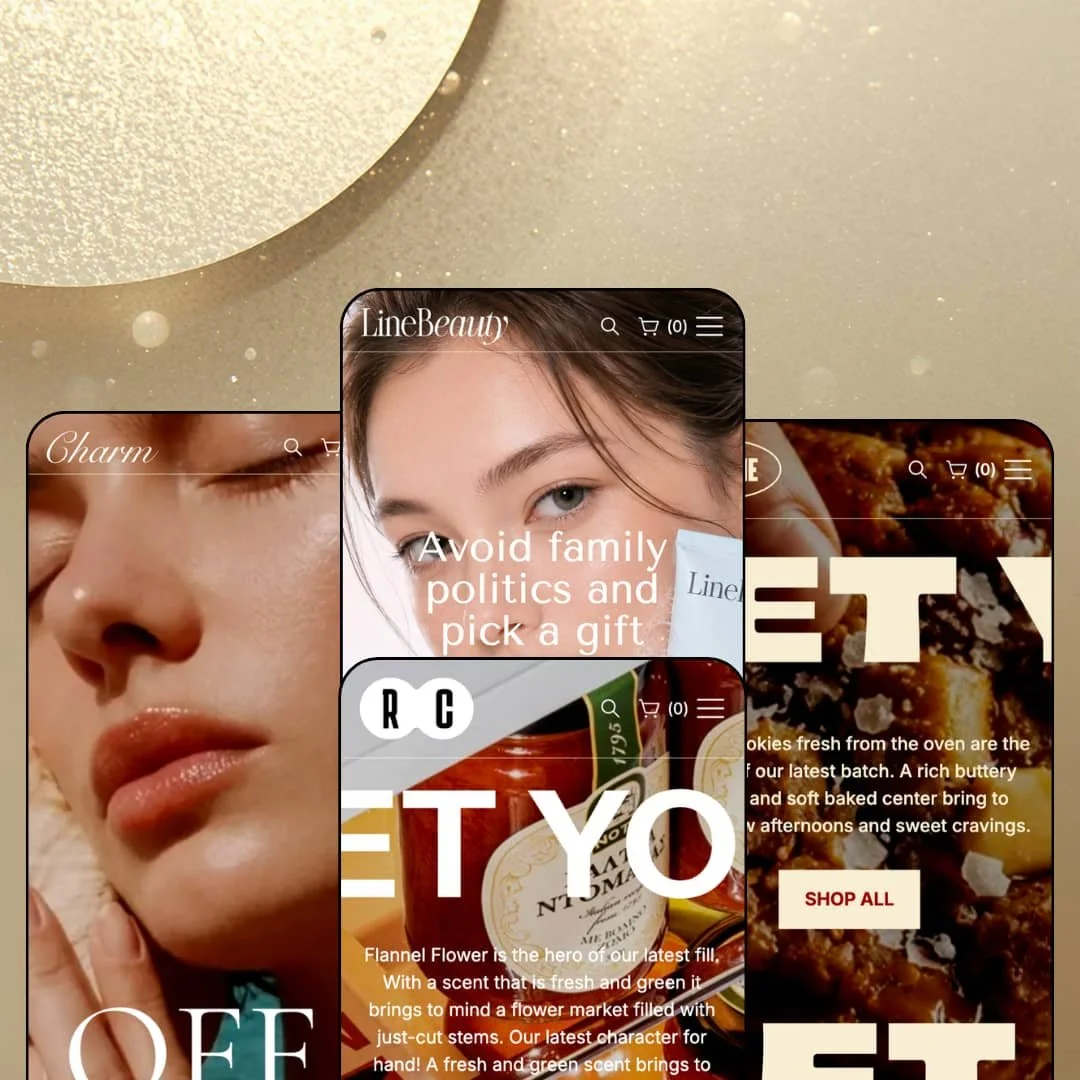 Line Shopify theme presets in mobile view — Charm for jewelry, Line for skincare, Snacks for nut butters, Cookie for bakeries