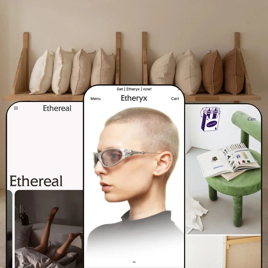A composite image showing three different versions of the Etheryx Shopify theme by OpenThinking displayed on smartphone screens. Each screen showcases the theme's adaptation for different niches.