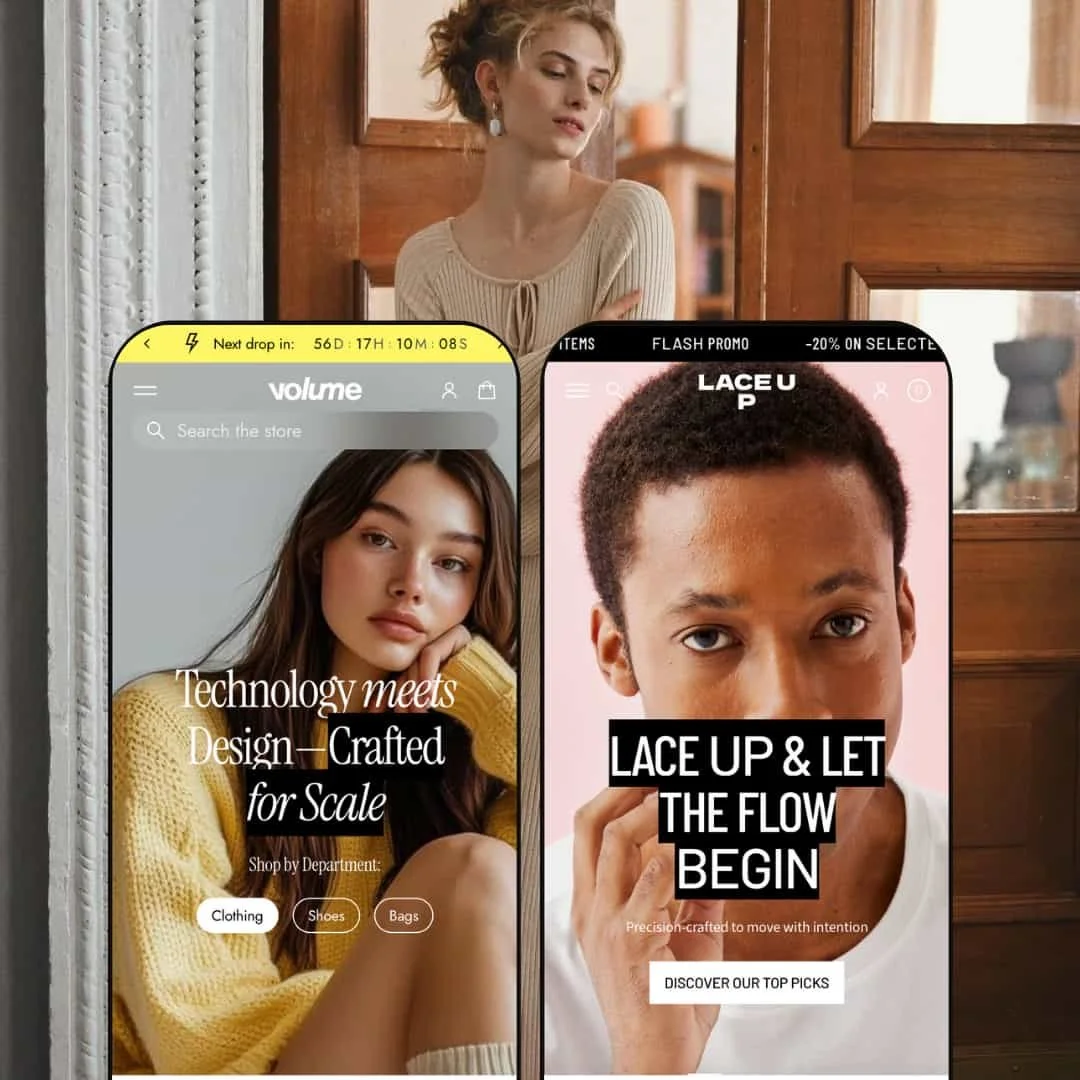 A composite image showing two different versions of the Volume Shopify theme by Staylime displayed on smartphone screens. Each screen showcases the theme's adaptation for different niches.
