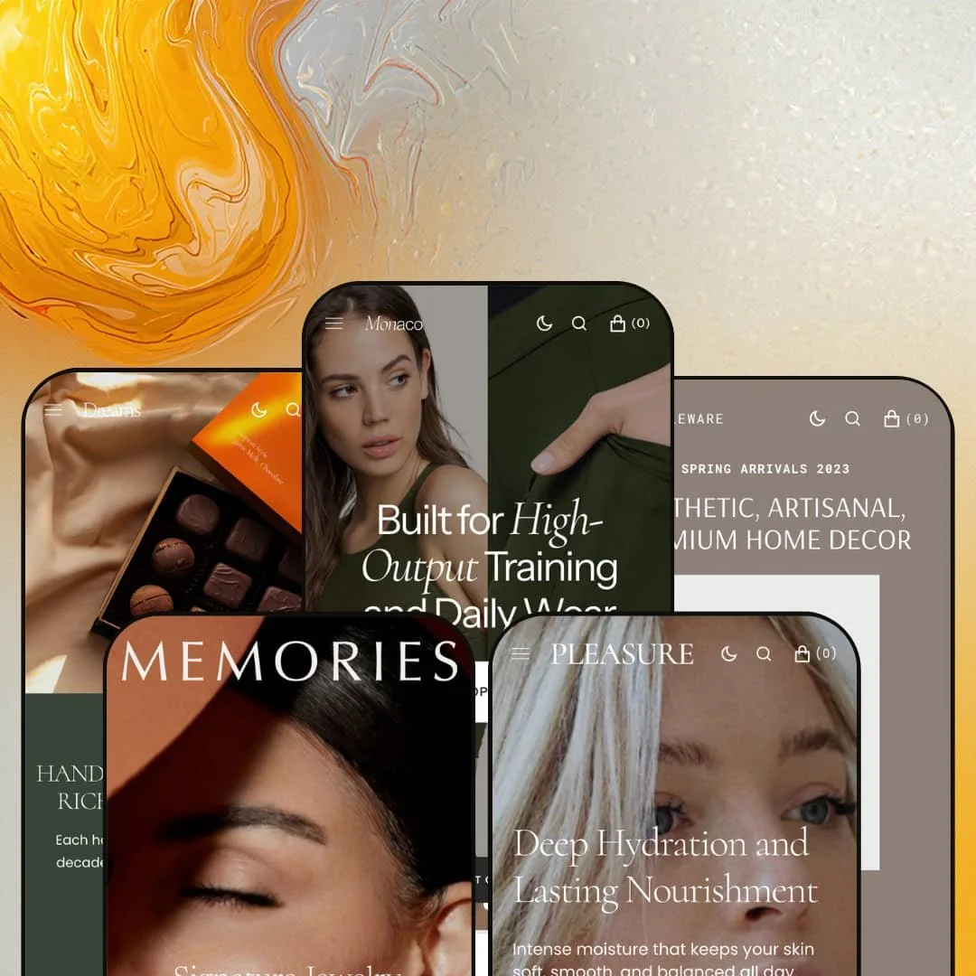 Monaco Shopify theme presets in mobile view — Dreams for chocolate, Monaco for activewear, Memories for jewelry, Pleasure for skincare, Tableware for home décor.