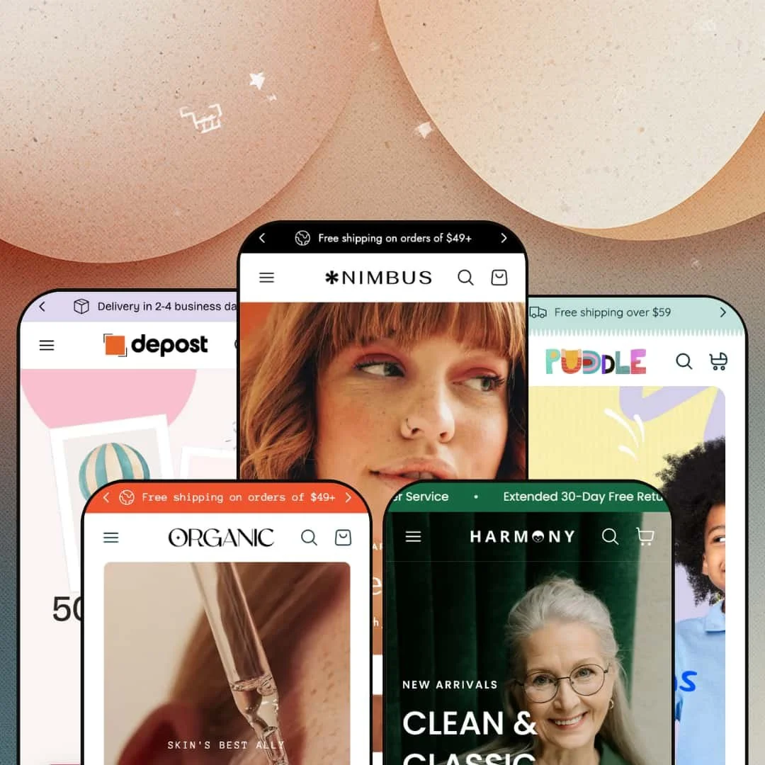 Nimbus Shopify theme presets in mobile view — Paletia for wall art, Esselle for skincare, Nimbus for fashion, Morna for eyewear, Puddle for kids.