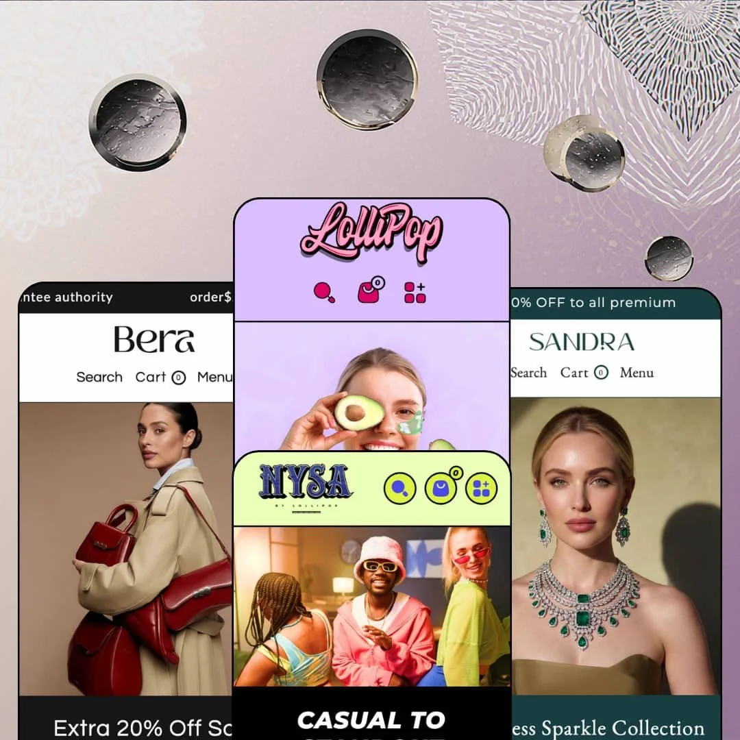Lollipop Shopify theme presets in mobile view — Bera for bags, Lollipop for beauty, Nysa for fashion, Sandra for jewelry