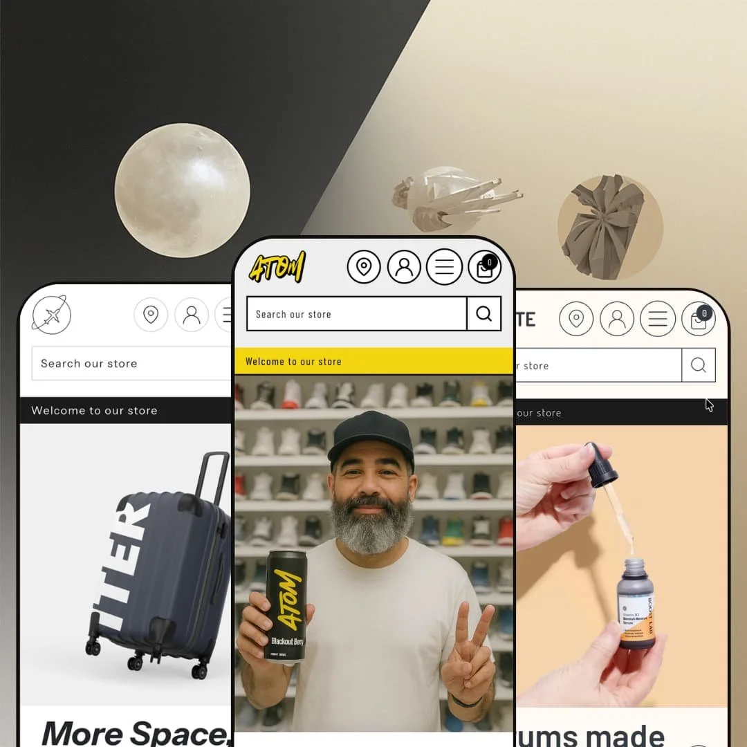 Atom Shopify theme presets in mobile view — Navigator for luggage, Atom for energy drinks, Hydrate for skincare serums