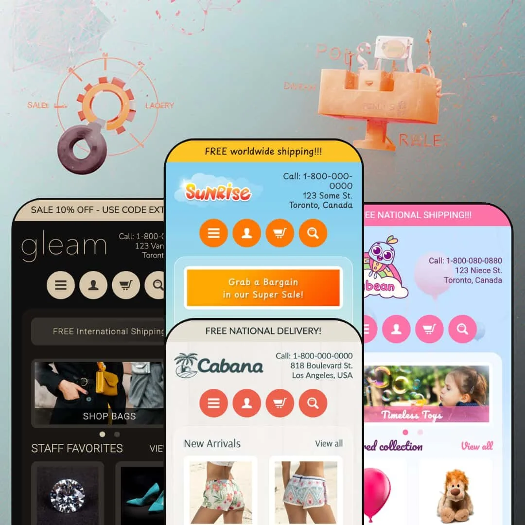 Mobile views of all four Sunrise Shopify theme presets: Sunrise (toy store with yellow header), Cabana (beachwear with sandy tones), Jellybean (kids' clothing in pink pastels), and Gleam (luxury jewelry with dark header), shown side by side.