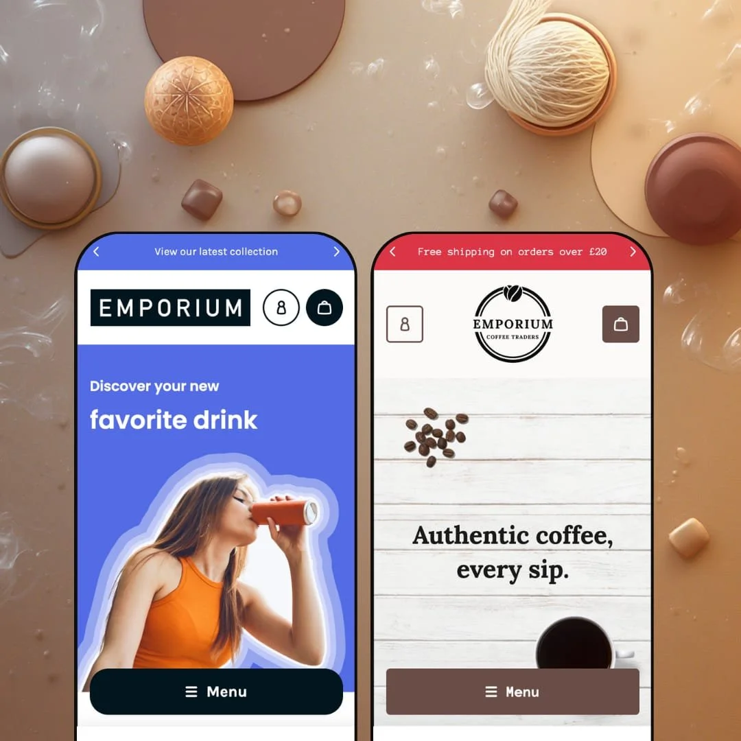 Emporium Shopify theme presets in mobile view — Emporium for soft drinks brands, Arabica for coffee roasters.