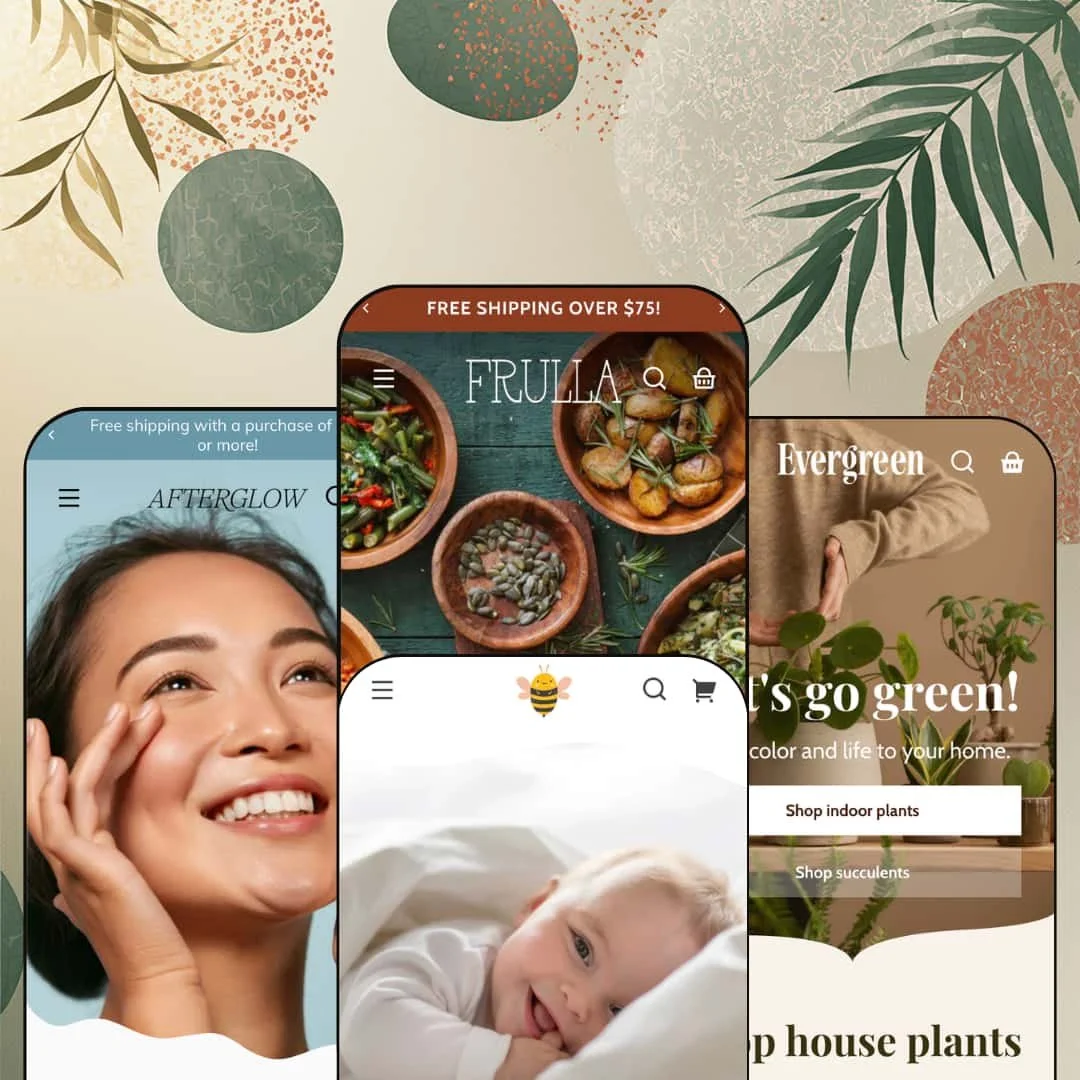 Whisk Shopify theme presets in mobile view — Afterglow for skincare, Whisk for food, Bumble for kidswear, Greenhouse for plants