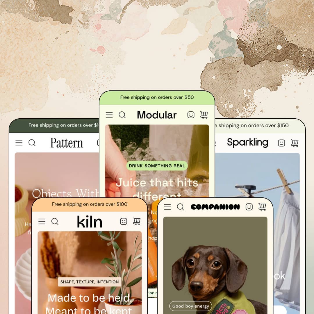 Modular Shopify theme presets in mobile view — Modular for juice, Companion for pets, Pattern for soaps, Sparkling for cleaning, Kiln for ceramics