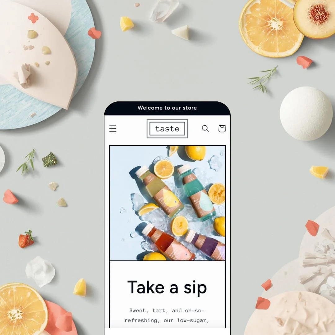 Taste Shopify theme mobile preview — single food and drink preset with a bottles-on-ice hero above a bold "Take a sip" headline.
