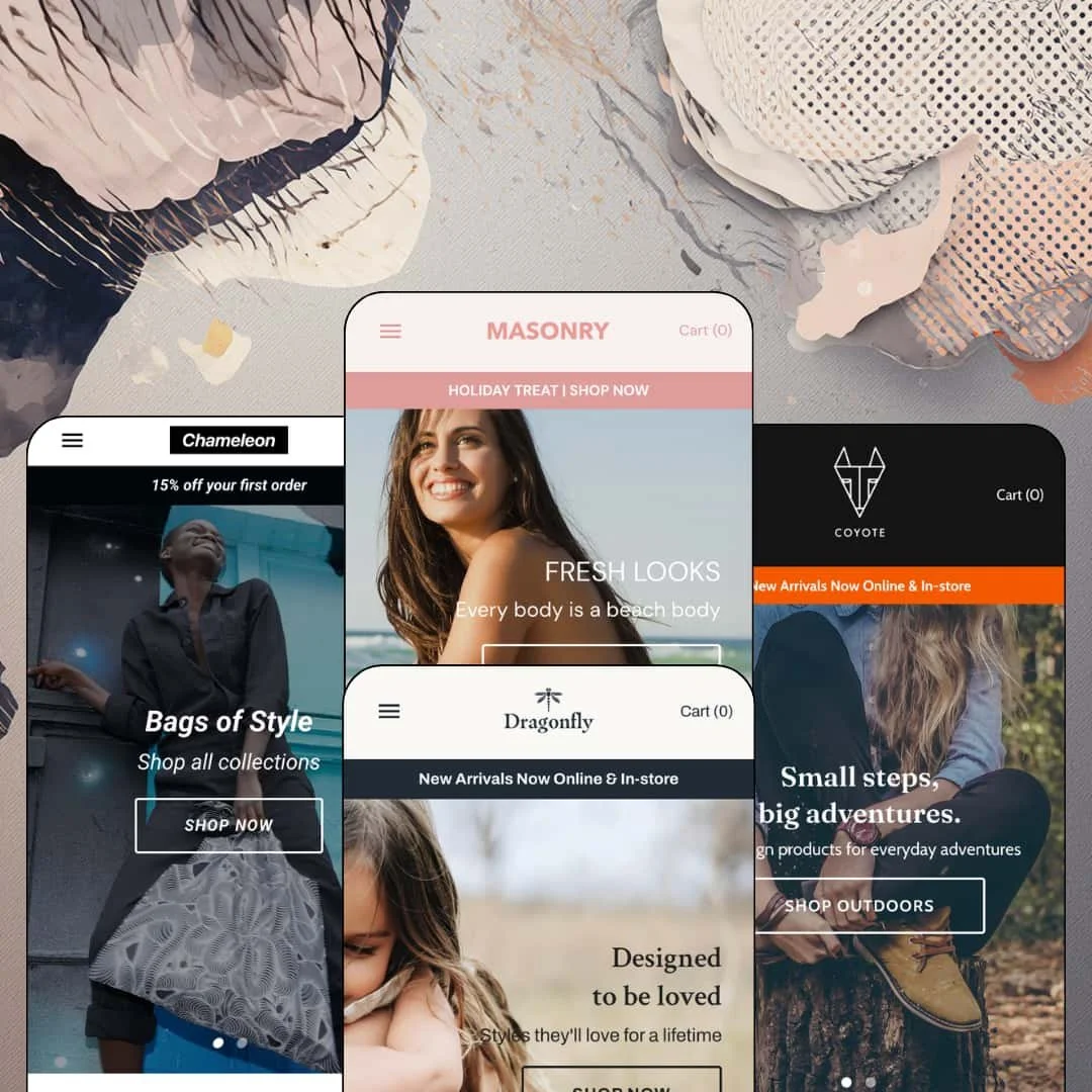 Masonry Shopify theme presets in mobile view — Chameleon for bags, Masonry for swimwear, Dragonfly for kidswear, Coyote for outdoor gear