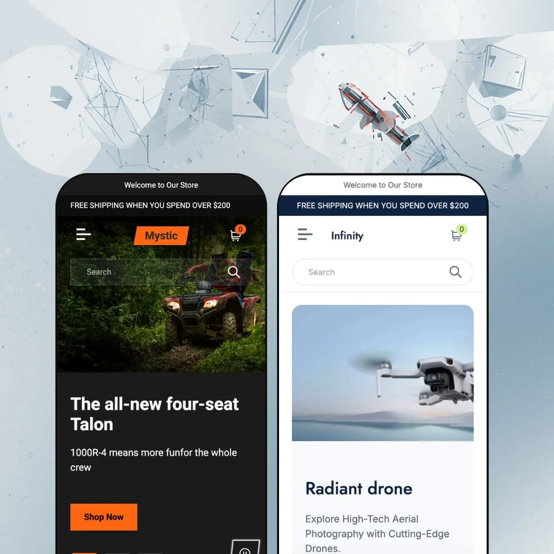 Infinity Shopify theme presets in mobile view — Mystic for ATV and off-road, Infinity for electronics and gadgets.
