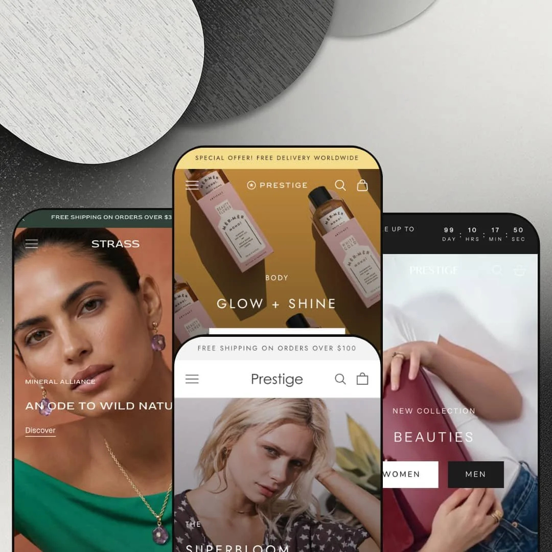 Mobile previews of all four Prestige Shopify theme presets, showing Strass with jewelry, Vogue with beauty products, Couture with fashion, and the Prestige preset with leather goods, each displayed on a smartphone mockup