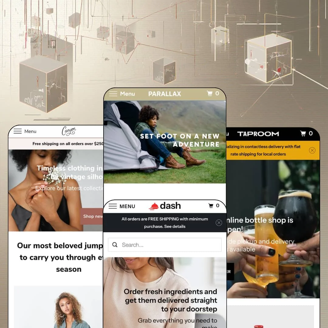 Parallax Shopify theme presets in mobile view — Canyon for womenswear, Parallax for outdoor gear, Dash for grocery delivery, Taproom for brewery