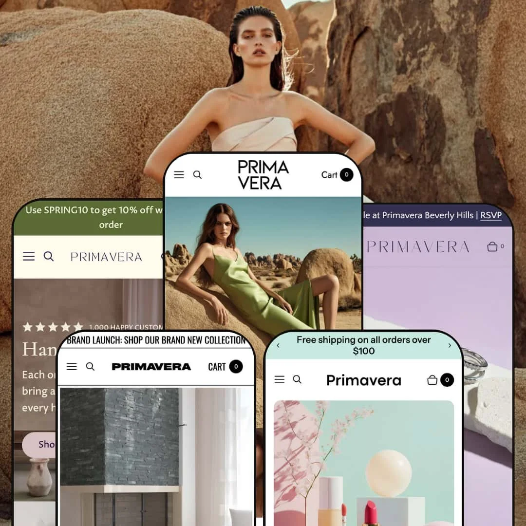 A composite image showing five different versions of the Primavera Shopify theme by Ultramarina displayed on smartphone screens. Each screen showcases the theme's adaptation for different niches.