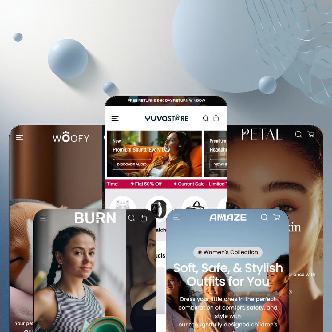 Yuva Shopify theme presets in mobile view — Woofy for pet supplies, Burn for fitness, Yuva for electronics, Amaze for fashion, Petal for skincare