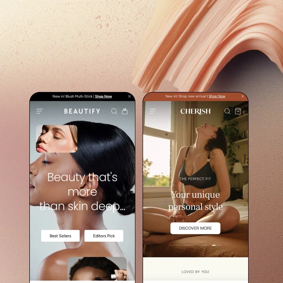 Beautify Shopify theme presets in mobile view — Beautify for cosmetics, Cherish for lingerie and sleepwear