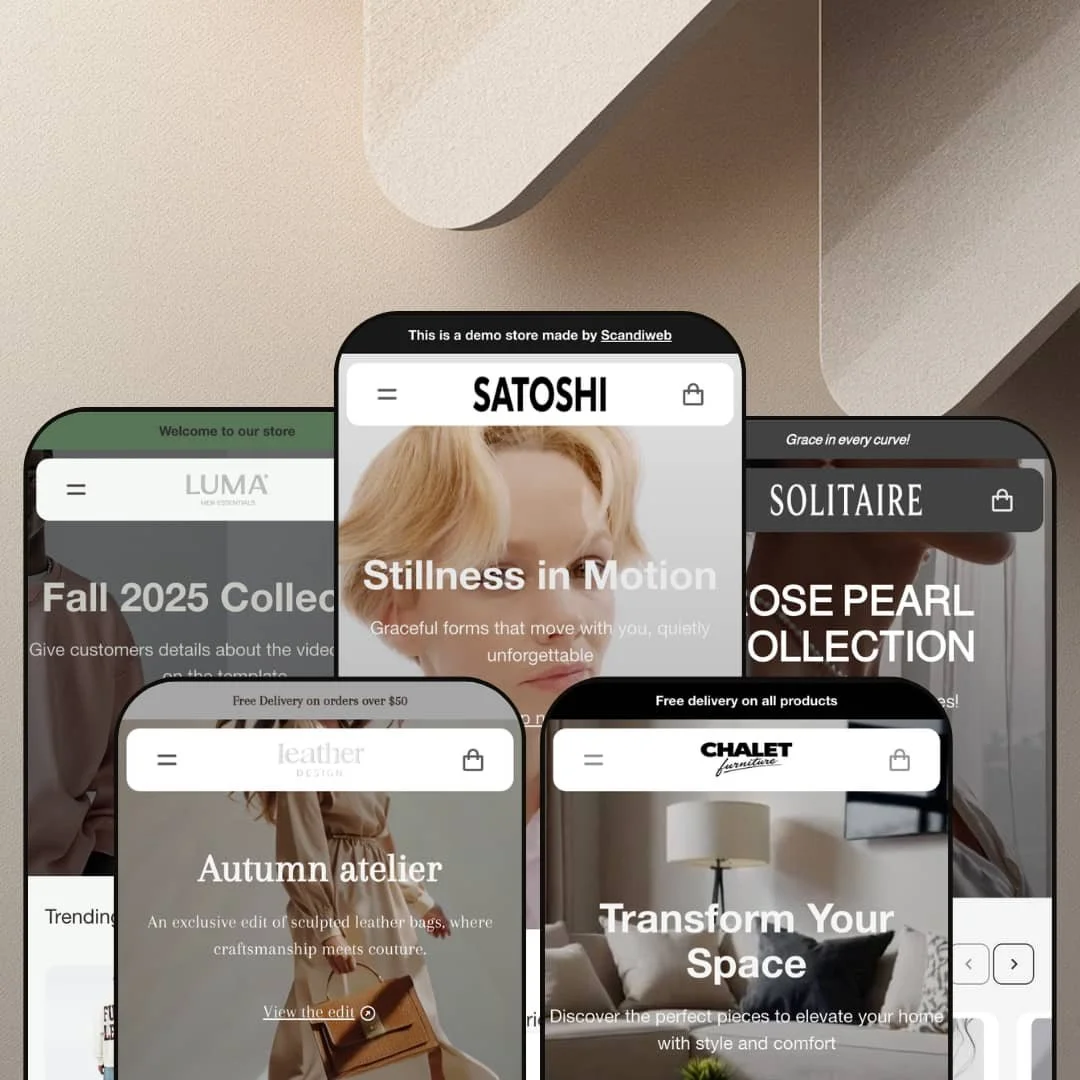 Satoshi Shopify theme presets in mobile view — Luma for menswear, Leather for bags, Satoshi for activewear, Chalet for furniture, Solitaire for pearls.