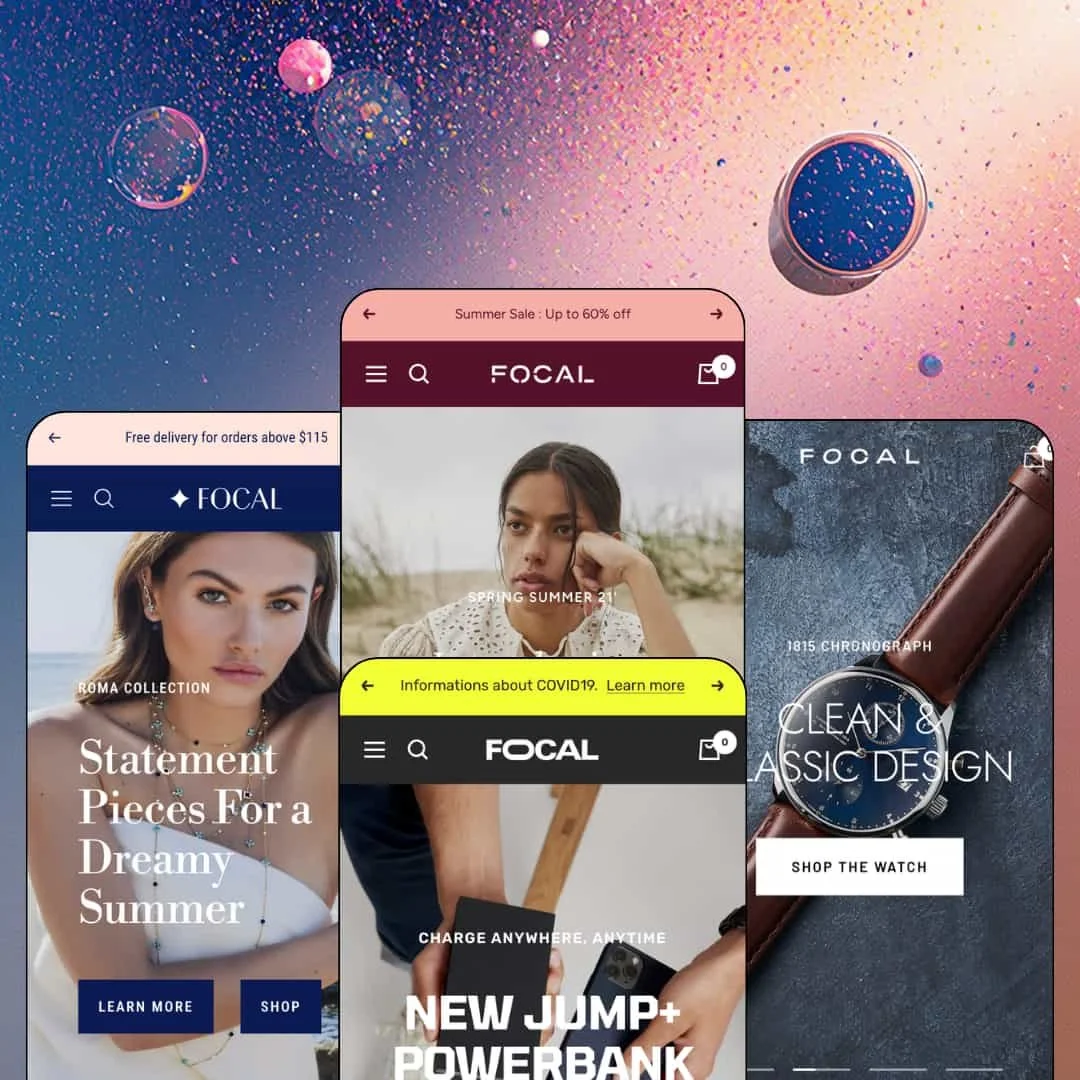 Focal Shopify theme presets in mobile view — Sapphire for jewelry, Ivory for fashion, Focal for electronics, Quartz for watches