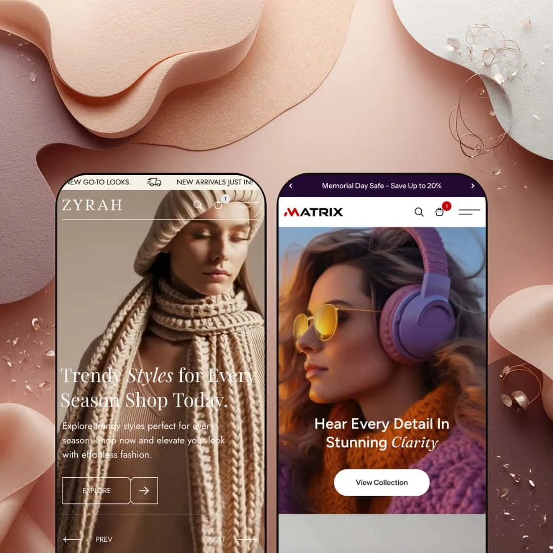 Zyra Shopify theme presets shown on mobile: the Zyra preset displays a fashion-focused hero with knitwear photography and serif headlines, while the Matrix preset features a dark-mode layout with headphone imagery and a bold CTA button.