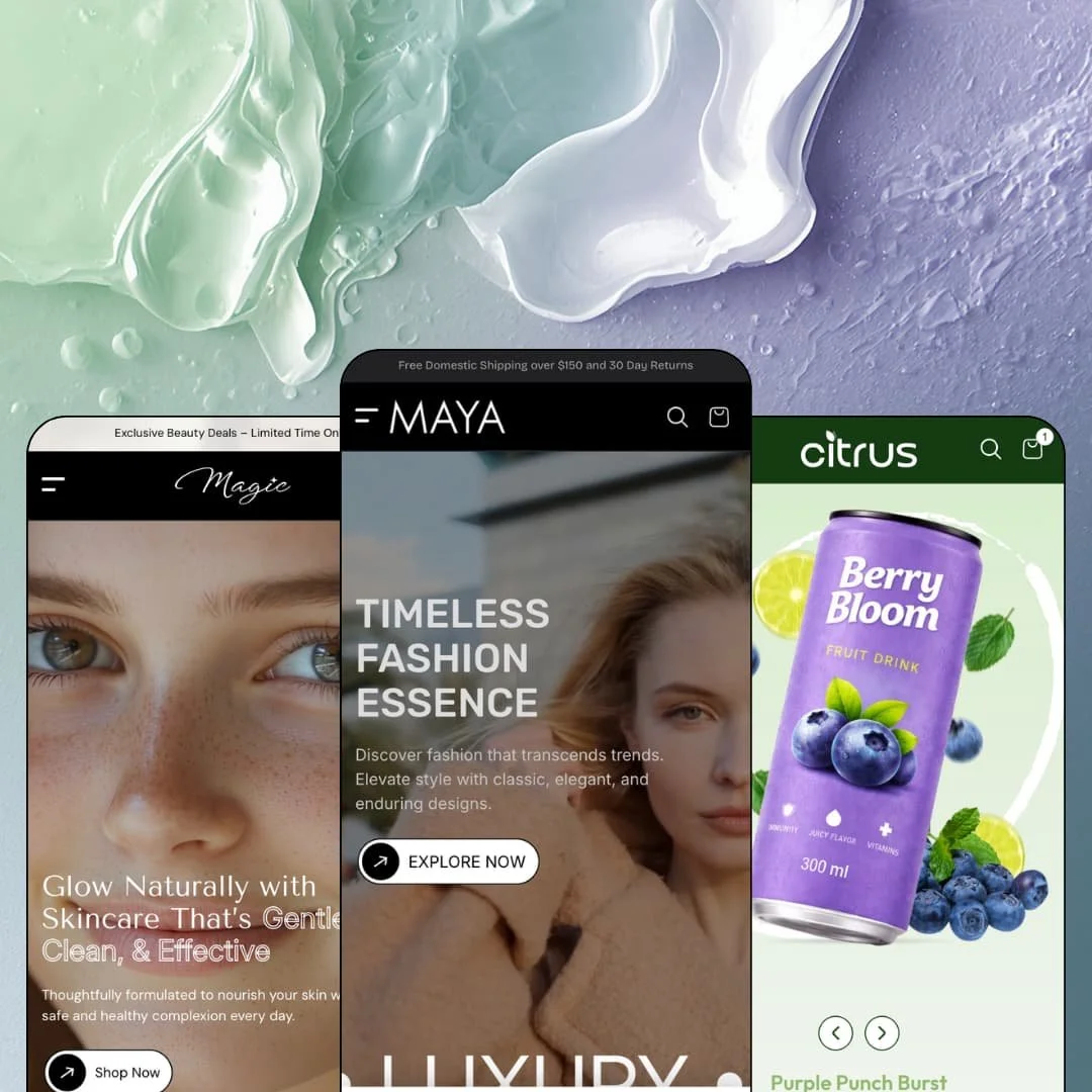 Maya Shopify theme presets in mobile view — Magic for skincare, Maya for fashion, Citrus for drinks