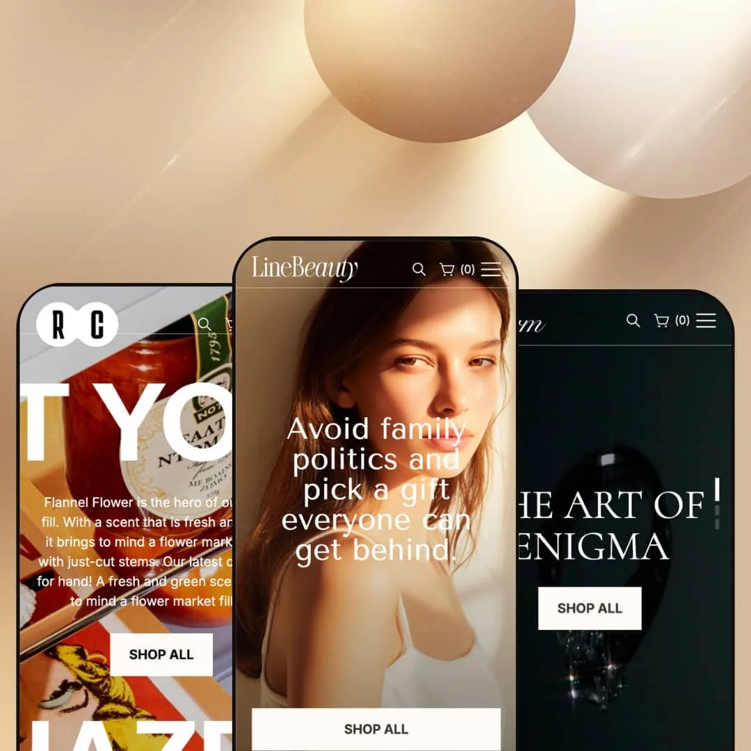 A composite image showing three different versions of the Line Shopify theme by Xotiny displayed on smartphone screens. Each screen showcases the theme's adaptation for different niches.