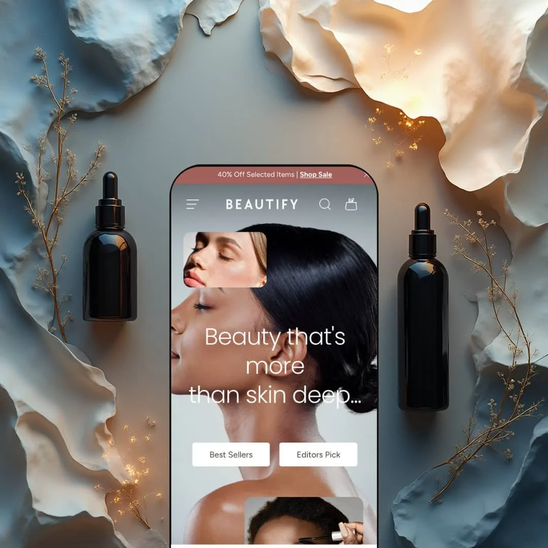 A composite image showing one version of the Beautify Shopify theme by Clean Canvas displayed on smartphone screens. Each screen showcases the theme's adaptation for different niches.