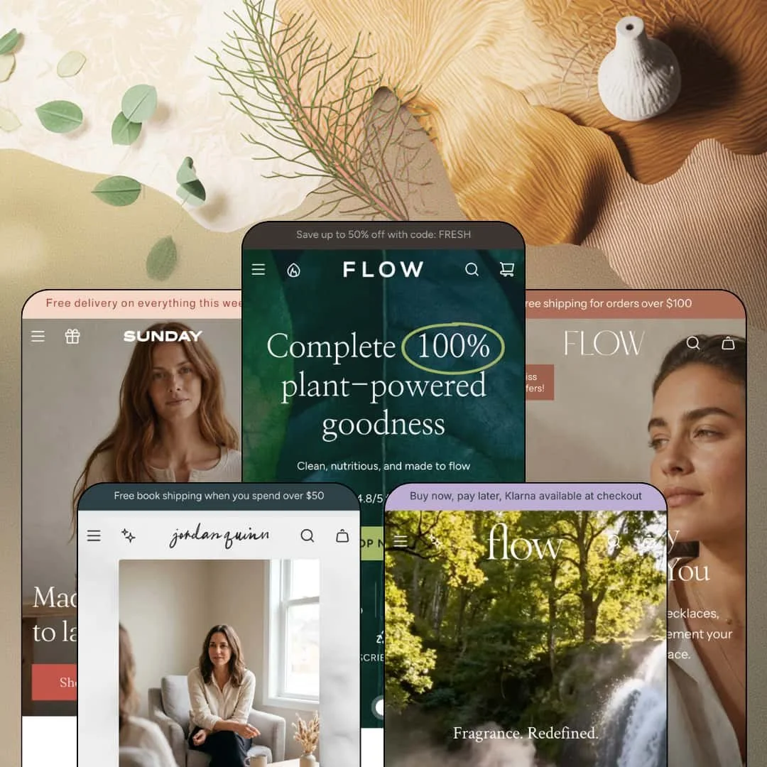 Flow Shopify theme presets in mobile view — Sanctuary for loungewear, Grain for courses, Flow for drinks, Nectar for fragrance, Timeless for jewelry.
